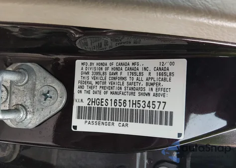 2001 Honda Civic Lx from USA, damaged, VIN 2HGES16561H534577